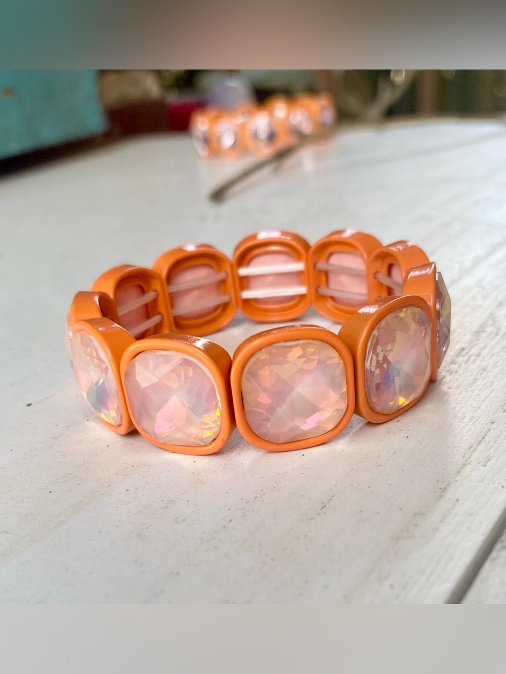 Stretchy Orange Bracelet with Chunky Iridescent Gemstones